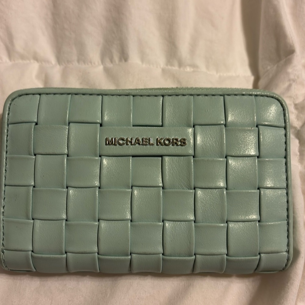 Michael Kors Light Icy Blue/Green Woven Leather Wallet